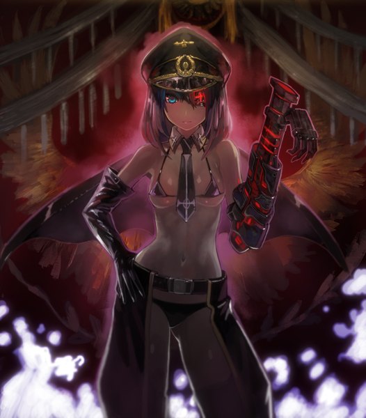 Anime picture 2000x2283 with maxpower (artist) single tall image highres short hair breasts blue eyes light erotic bare shoulders hand on hip girl gloves navel swimsuit necktie elbow gloves belt cape eyepatch single glove