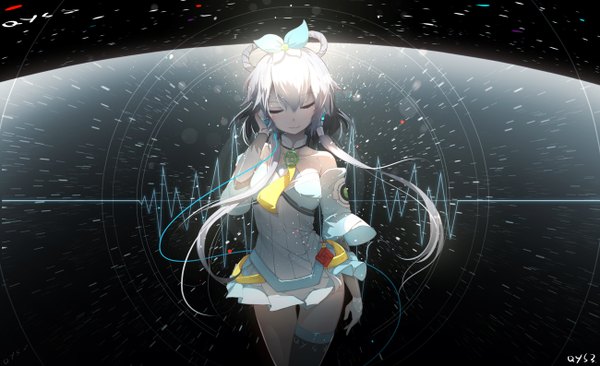 Anime picture 1300x794 with vocaloid vocaloid china luo tianyi qys3 single long hair blush fringe simple background smile hair between eyes wide image standing twintails bare shoulders signed silver hair eyes closed wide sleeves thigh gap