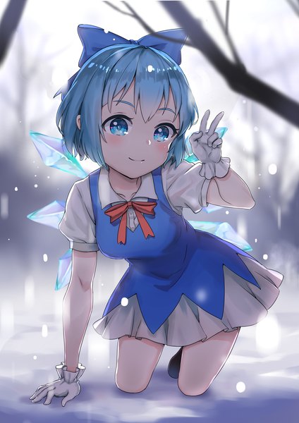 Anime picture 2480x3507 with touhou cirno mi shi de yun single tall image looking at viewer highres short hair breasts blue eyes smile blue hair blurry short sleeves victory snowing snow on all fours bare tree girl