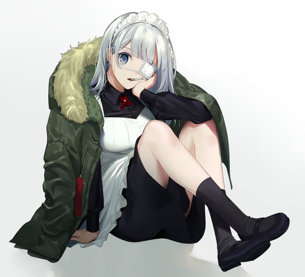 Anime picture 1300x1184 with original urata asao single long hair looking at viewer fringe blue eyes simple background sitting silver hair full body bent knee (knees) grey background arm support shadow crossed legs piercing mouth hold ear piercing clothes on shoulders