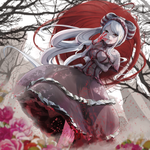 Anime picture 1095x1096 with overlord (maruyama) madhouse shalltear bloodfallen peropicnic single long hair tall image fringe red eyes standing payot sky silver hair light smile dutch angle magic frilled dress lolita fashion blood on face bare tree