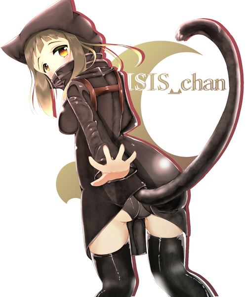 Anime picture 1500x1800 with isis-chan setsufuro single long hair tall image looking at viewer blush light erotic simple background brown hair white background animal ears yellow eyes tail animal tail looking back cat ears inscription cat girl cat tail