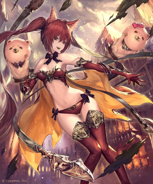 Anime picture 1707x2048 with shingeki no bahamut cerberus (shingeki no bahamut) tachikawa mushimaro (bimo) single tall image looking at viewer fringe highres breasts open mouth light erotic hair between eyes twintails bare shoulders brown eyes animal ears payot sky cleavage cloud (clouds)