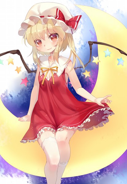 Anime picture 1000x1453 with touhou flandre scarlet mvv tall image looking at viewer blush short hair blonde hair red eyes crescent girl thighhighs dress bow white thighhighs wings star (symbol) bonnet