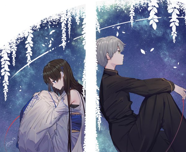 Anime picture 2199x1800 with original anone long hair blush fringe highres short hair blue eyes black hair sitting yellow eyes traditional clothes japanese clothes profile grey hair off shoulder night wide sleeves night sky looking down