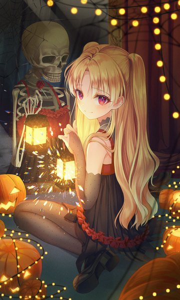 Anime picture 1500x2500 with fate (series) fate/grand order ereshkigal (fate) liso single long hair tall image looking at viewer blush fringe blonde hair smile red eyes sitting holding full body bent knee (knees) indoors looking back from behind