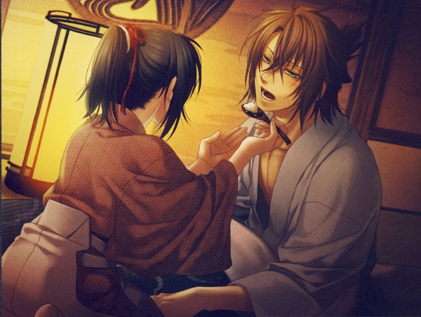 Anime picture 1856x1400 with hakuouki shinsengumi kitan studio deen okita souji (hakuouki) chizuru yukimura highres black hair brown hair green eyes japanese clothes scan couple eating kimono