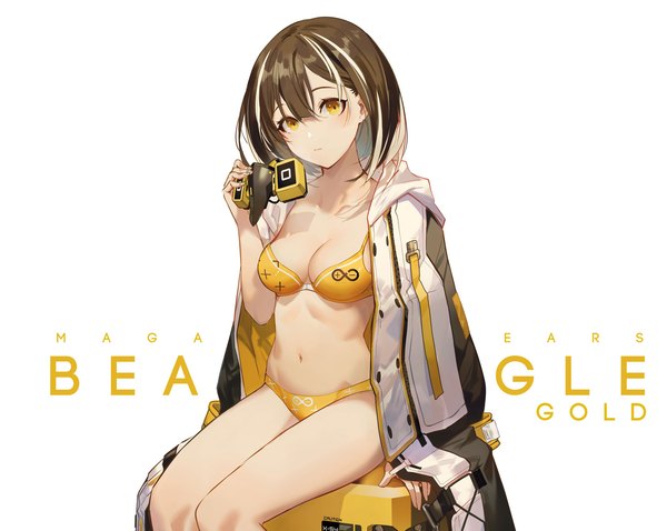 Anime picture 1447x1152 with arknights magallan (arknights) salmon88 single looking at viewer fringe short hair breasts light erotic simple background hair between eyes brown hair white background sitting holding yellow eyes multicolored hair two-tone hair streaked hair clothes on shoulders