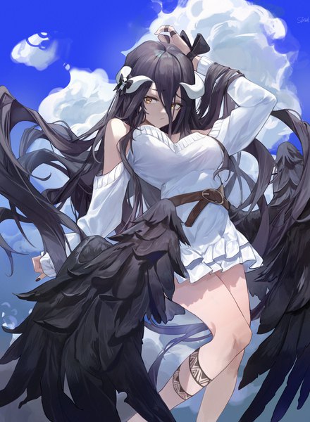Anime picture 3000x4093 with overlord (maruyama) madhouse albedo (overlord) small garbage single tall image looking at viewer fringe highres breasts open mouth black hair hair between eyes large breasts yellow eyes sky cloud (clouds) bent knee (knees) long sleeves very long hair