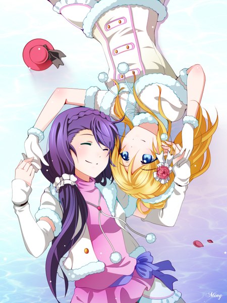 Anime picture 1200x1600 with love live! school idol project sunrise (studio) love live! toujou nozomi ayase eli m-1ng long hair tall image blush blue eyes blonde hair smile multiple girls purple hair ponytail braid (braids) eyes closed on back holding hands upside down