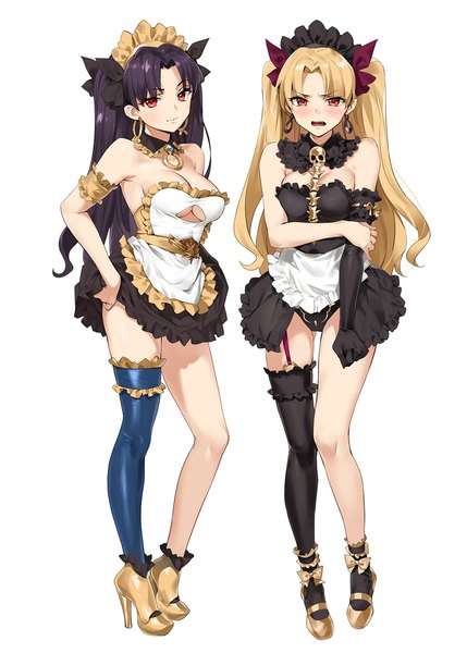 Anime-Bild 1000x1399 mit fate (series) fate/grand order ishtar (fate) ereshkigal (fate) yd (orange maru) long hair tall image looking at viewer blush fringe breasts open mouth light erotic black hair simple background blonde hair red eyes large breasts standing white background