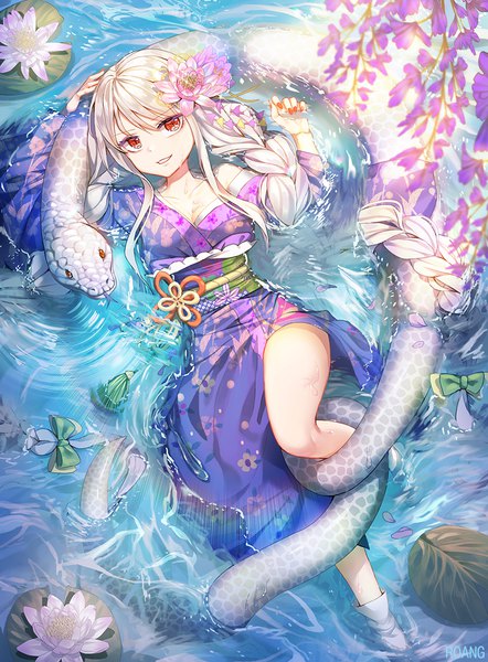 Anime picture 800x1086 with original roang single tall image looking at viewer fringe breasts smile hair between eyes red eyes signed payot cleavage outdoors white hair lying braid (braids) very long hair traditional clothes parted lips