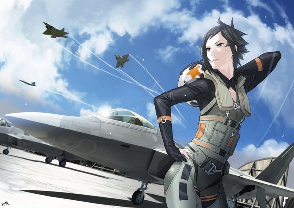 Anime picture 2000x1419 with ace combat ace combat 5 kei nagase kozaki yusuke single highres short hair black hair brown eyes sky cloud (clouds) girl helmet aircraft airplane jet