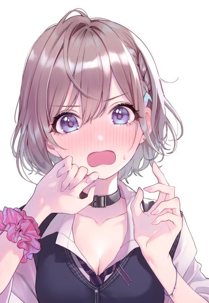 Anime picture 1410x2048 with souda na, tashika ni kawaii na magako single tall image looking at viewer blush fringe short hair breasts open mouth blue eyes simple background hair between eyes white background cleavage upper body braid (braids) fingernails grey hair embarrassed