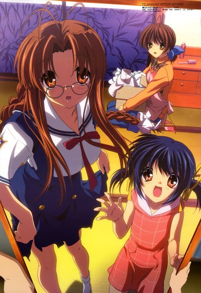 Anime picture 4085x5926 with clannad key (studio) furukawa nagisa furukawa sanae sunohara mei tall image highres black hair brown hair twintails multiple girls brown eyes absurdres braid (braids) short twintails girl uniform school uniform glasses 3 girls