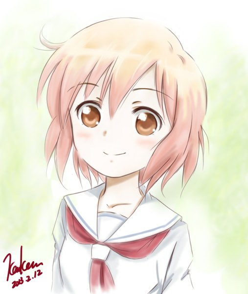 Anime picture 1132x1339 with kotoura-san kotoura haruka kem kem tall image looking at viewer blush short hair blonde hair smile brown eyes signed upper body girl serafuku