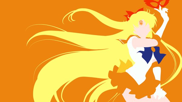Anime picture 1920x1080 with bishoujo senshi sailor moon toei animation aino minako sailor venus single highres blonde hair simple background wide image holding very long hair pleated skirt facial mark silhouette orange background no face girl skirt gloves bow
