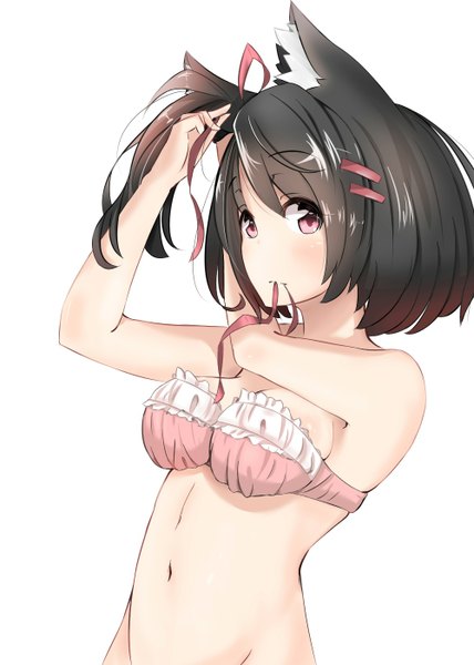 Anime picture 1000x1400 with original angry num single tall image looking at viewer blush short hair breasts light erotic black hair simple background white background bare shoulders holding animal ears pink eyes cat ears bare belly cat girl no panties