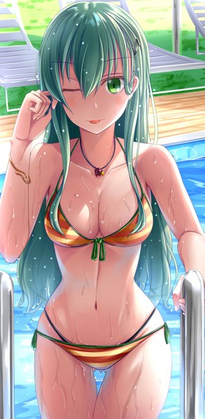Anime picture 1755x3579 with kantai collection suzuya heavy cruiser ayakase hotaru single long hair tall image looking at viewer blush fringe highres breasts light erotic smile hair between eyes large breasts standing bare shoulders holding green eyes payot