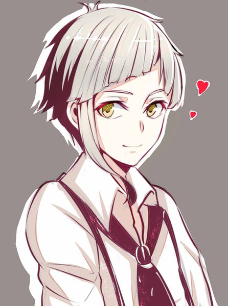 Anime picture 922x1240 with bungou stray dogs studio bones nakajima atsushi kitsune (pixiv5601263) single tall image looking at viewer short hair simple background smile yellow eyes silver hair grey background portrait open collar boy heart