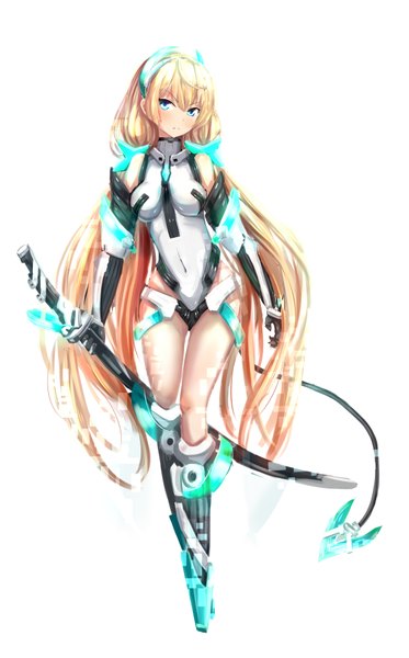 Anime picture 2300x3700 with expelled from paradise angela balzac akatsukiame single tall image looking at viewer blush highres blue eyes light erotic blonde hair simple background white background twintails tail very long hair low twintails covered navel girl gloves