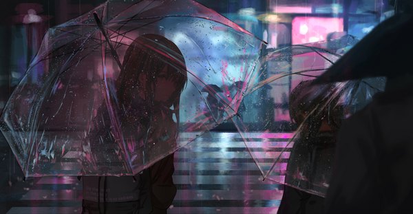 Anime picture 3857x2000 with original catzz long hair looking at viewer fringe highres brown hair wide image multiple girls holding brown eyes payot upper body outdoors long sleeves looking back blurry night wet depth of field