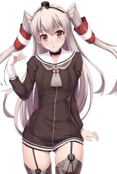 Anime picture 2362x3496 with kantai collection amatsukaze destroyer fujirin single long hair tall image looking at viewer blush highres open mouth light erotic white background brown eyes grey hair two side up pantyshot girl thighhighs underwear panties