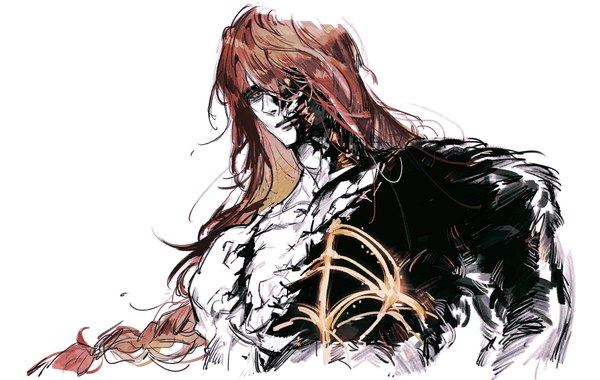 Anime picture 3902x2472 with elden ring radagon of the golden order blackmaro single long hair fringe highres simple background white background yellow eyes looking away absurdres upper body red hair hair over one eye spoilers boy