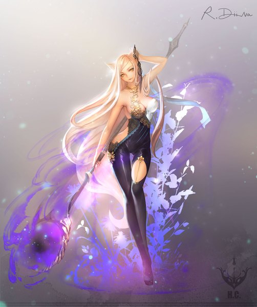 Anime picture 2000x2393 with original pixiv fantasia pixiv fantasia t orry single long hair tall image looking at viewer highres breasts light erotic blonde hair large breasts standing bare shoulders animal ears yellow eyes light smile cat ears cat girl