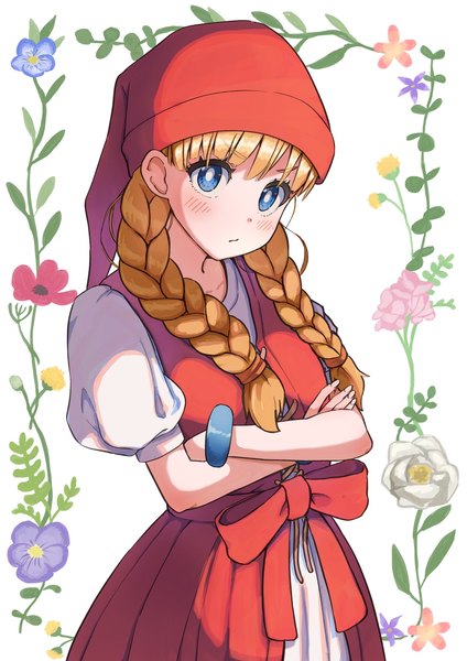 Anime picture 1448x2048 with dragon quest dragon quest xi veronica (dq11) neko (hansinn) single long hair tall image looking at viewer blush blue eyes blonde hair upper body braid (braids) puffy sleeves twin braids crossed arms framed alternate age older girl