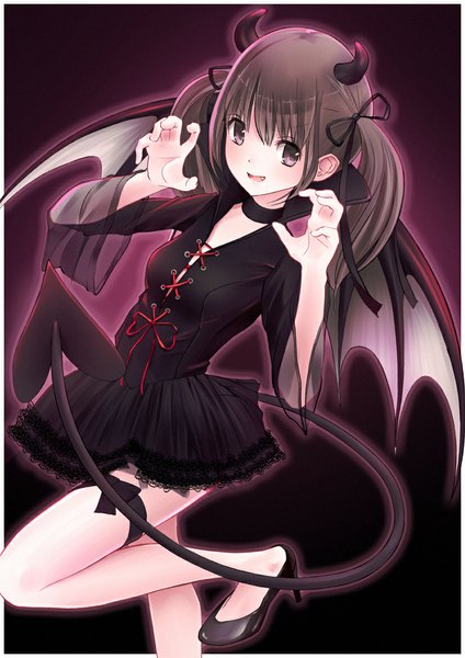 Anime picture 827x1169 with original chikuwa (odennabe) single long hair tall image looking at viewer black hair twintails tail horn (horns) teeth fang (fangs) demon tail demon wings girl dress ribbon (ribbons) hair ribbon wings