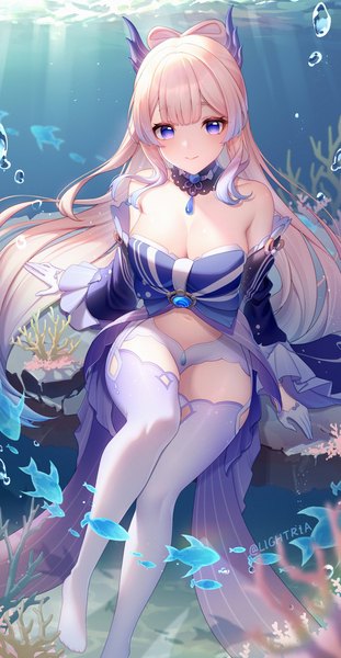 Anime picture 2480x4790 with genshin impact sangonomiya kokomi lightria single long hair tall image looking at viewer fringe highres breasts light erotic purple eyes pink hair cleavage no shoes underwater girl thighhighs gloves detached sleeves