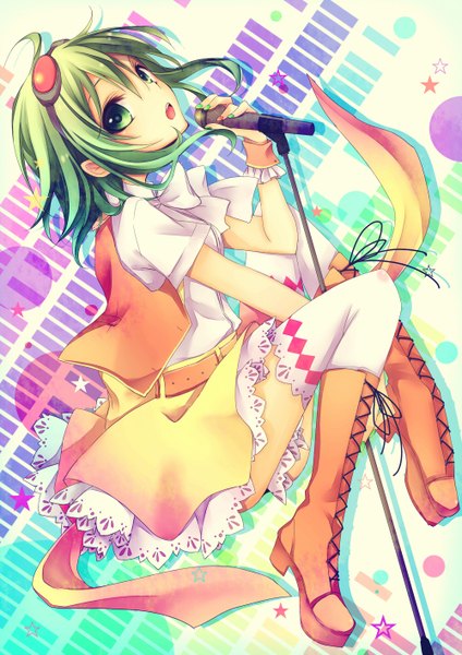 Anime picture 1000x1414 with vocaloid gumi kuroi (liar-player) single tall image short hair open mouth green eyes full body nail polish green hair rhombus multicolored nail polish green nail polish girl thighhighs dress white thighhighs boots microphone