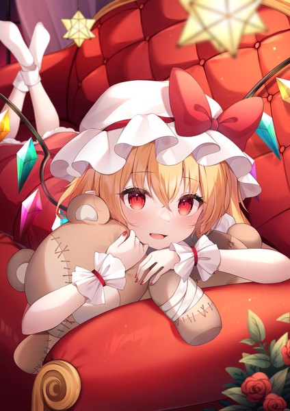 Anime picture 1447x2047 with touhou flandre scarlet sisterakuma single tall image looking at viewer fringe short hair open mouth blonde hair hair between eyes red eyes lying nail polish :d on stomach red nail polish girl hat wings