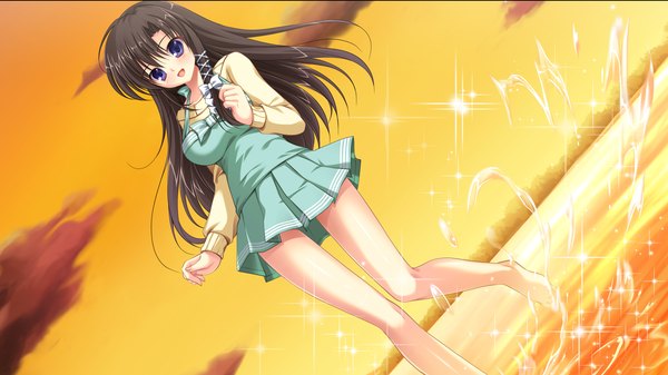 Anime picture 2560x1440 with manatsu no yoru no yuki monogatari akigase nozomi mikeou long hair highres black hair wide image purple eyes game cg evening sunset girl ribbon (ribbons) hair ribbon sundress