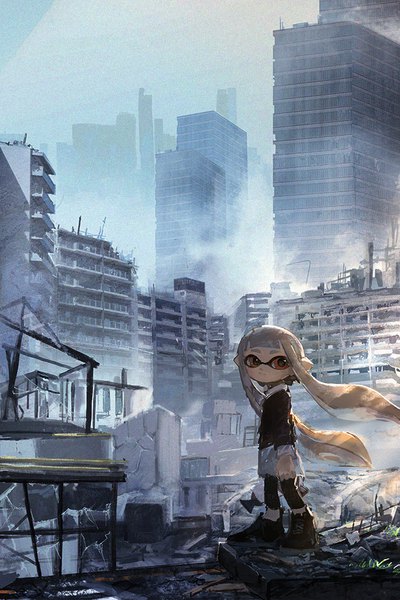 Anime picture 667x1000 with splatoon splatoon 2 nintendo inkling ume (plumblossom) single tall image short hair red eyes looking away full body outdoors wind grey hair city ruins tentacle hair girl building (buildings) mask