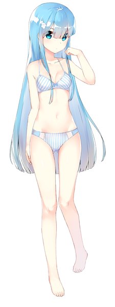 Anime picture 1315x3508 with original gin00 single long hair tall image looking at viewer blush fringe light erotic simple background hair between eyes standing white background bare shoulders blue hair full body blunt bangs barefoot hair flower aqua eyes