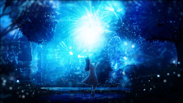 Anime picture 2560x1440 with original y y (ysk ygc) single long hair highres black hair wide image standing profile blurry wallpaper tears partially submerged light looking up blue background scenic fireworks girl dress