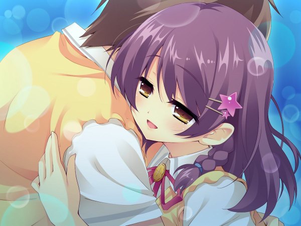 Anime picture 1200x900 with hin wa bokura no fuku no kami shinonome manami rurino sakazuki long hair blush fringe open mouth smile brown hair brown eyes game cg purple hair braid (braids) parted lips light smile hug girl boy hair ornament hairpin (hairpins)