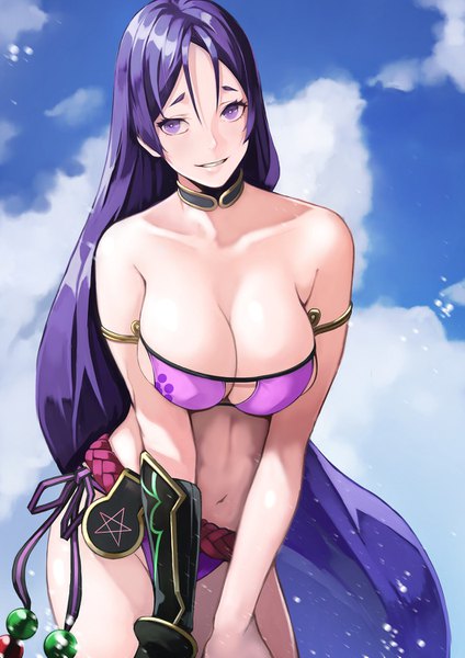 Anime picture 1060x1500 with fate (series) fate/grand order minamoto no raikou (fate) minamoto no raikou (swimsuit lancer) (fate) yoshio (55level) single tall image looking at viewer breasts light erotic large breasts purple eyes sky purple hair cloud (clouds) very long hair light smile breast squeeze girl swimsuit