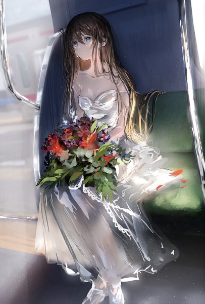 Anime picture 2500x3696 with original nanaponi single long hair tall image highres breasts blue eyes sitting looking away cleavage full body parted lips tears strap slip train interior girl dress flower (flowers) white dress