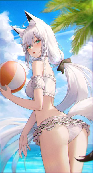 Anime picture 2000x3697 with virtual youtuber hololive shirakami fubuki ame 816 single tall image looking at viewer blush fringe highres breasts open mouth light erotic hair between eyes large breasts standing holding animal ears sky silver hair