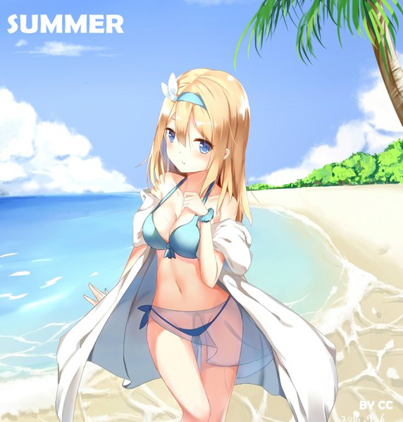 Anime picture 2362x2480 with girls frontline suomi kp31 (girls frontline) cg (2686805355) single long hair tall image looking at viewer fringe highres blue eyes light erotic blonde hair hair between eyes bare shoulders signed sky cloud (clouds) parted lips off shoulder :o