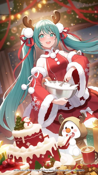 Anime picture 1242x2209 with vocaloid hatsune miku fukuro ko (greentea) single tall image looking at viewer blush open mouth twintails indoors very long hair :d horn (horns) aqua eyes aqua hair official art christmas cooking snowflake print antlers