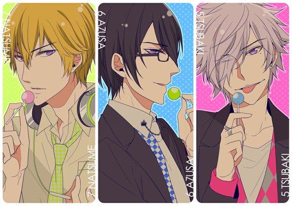 Anime picture 1053x745 with brothers conflict asahina tsubaki asahina azusa asahina natsume hibaniki69 fringe short hair black hair blonde hair purple eyes silver hair profile one eye closed wink hair over one eye mole multiple boys character names mole under eye multiview