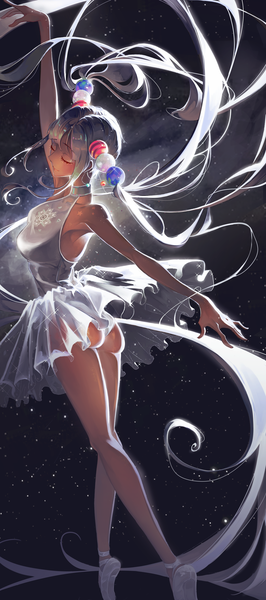 Anime picture 1550x3500 with virtual youtuber hololive hololive english tsukumo sana reine yukiko single tall image fringe breasts light erotic twintails silver hair ass eyes closed very long hair arm up light smile night sparkle armpit (armpits)