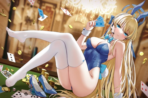Anime picture 4724x3150 with blue archive toki (blue archive) toki (bunny) (blue archive) devil heavens single long hair looking at viewer fringe highres breasts blue eyes light erotic blonde hair sitting bare shoulders animal ears absurdres tail blunt bangs nail polish