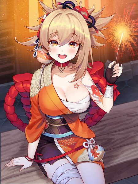 Anime picture 1000x1333 with genshin impact yoimiya (genshin impact) kyundoo single tall image looking at viewer blush fringe short hair breasts open mouth light erotic blonde hair hair between eyes large breasts sitting yellow eyes traditional clothes :d japanese clothes