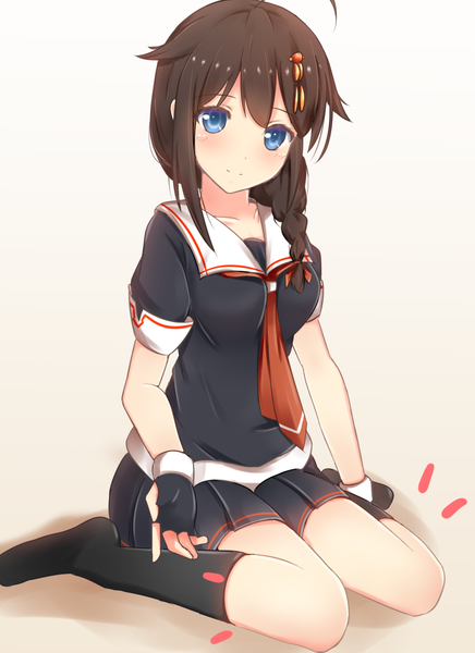 Anime picture 873x1200 with kantai collection shigure destroyer cuon (kuon) single long hair tall image blush fringe blue eyes smile brown hair sitting bent knee (knees) braid (braids) pleated skirt single braid wariza remodel (kantai collection) girl skirt