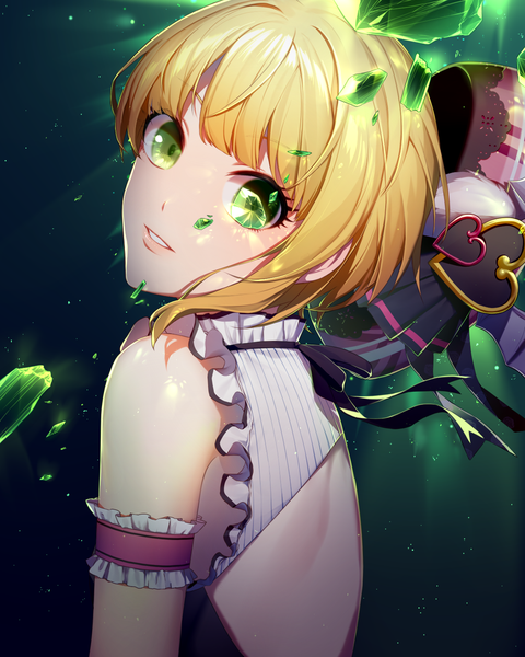 Anime picture 1200x1500 with idolmaster idolmaster cinderella girls miyamoto frederica asd13 single tall image looking at viewer short hair blonde hair green eyes upper body parted lips bare back hat removed headwear removed avenue mode girl gem emerald